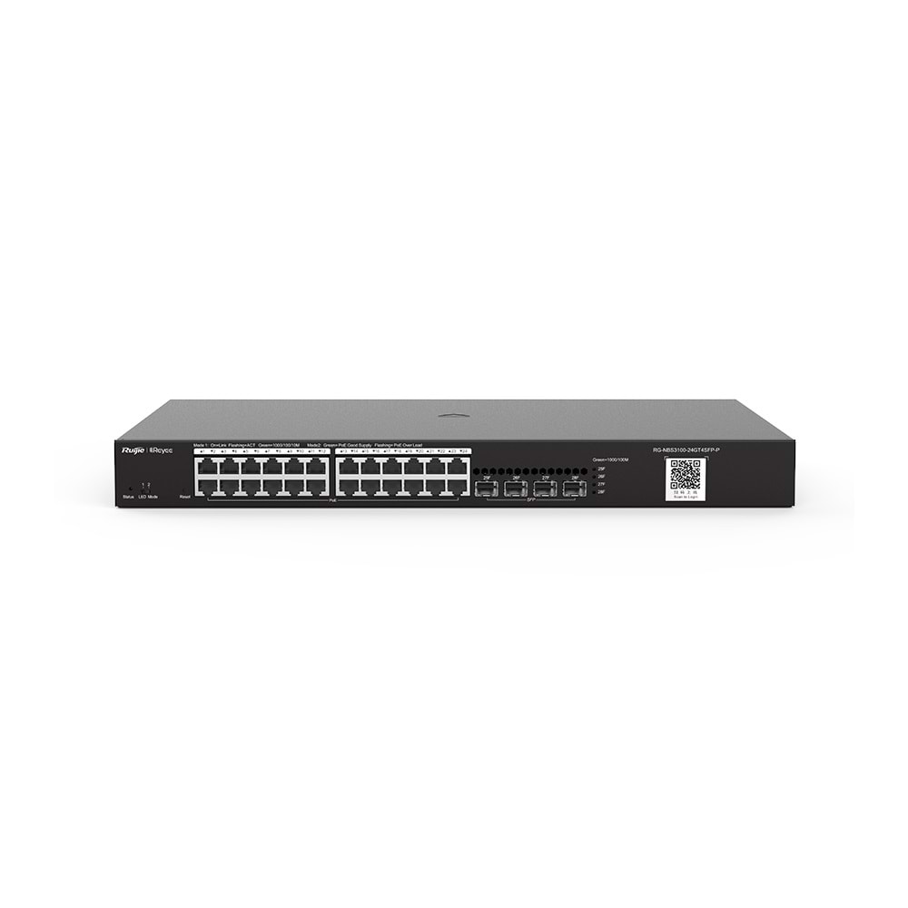 Reyee RG-NBS3100-24GT4SFP-P 24 Portlu, 10/100/1000 Gigabit, L2 Yönetilebilir Switch, 4 SFP, 24 Port PoE+ (370W).