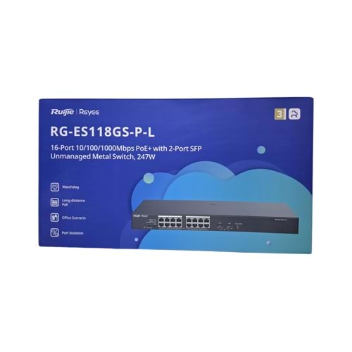 Reyee RG-ES118GS-P-L 18 Portlu, 10/100/1000 Gigabit, Tak Çalıştır Switch, 2 x SFP, 16 Port PoE+ (247W)