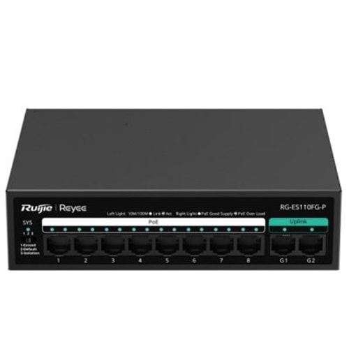 Reyee RG-ES110FG-P 10 Portlu, 10/100 Fast Ethernet, Tak Çalıştır Switch, 2 Gigabit Uplink, 8 Port PoE+ (110W)